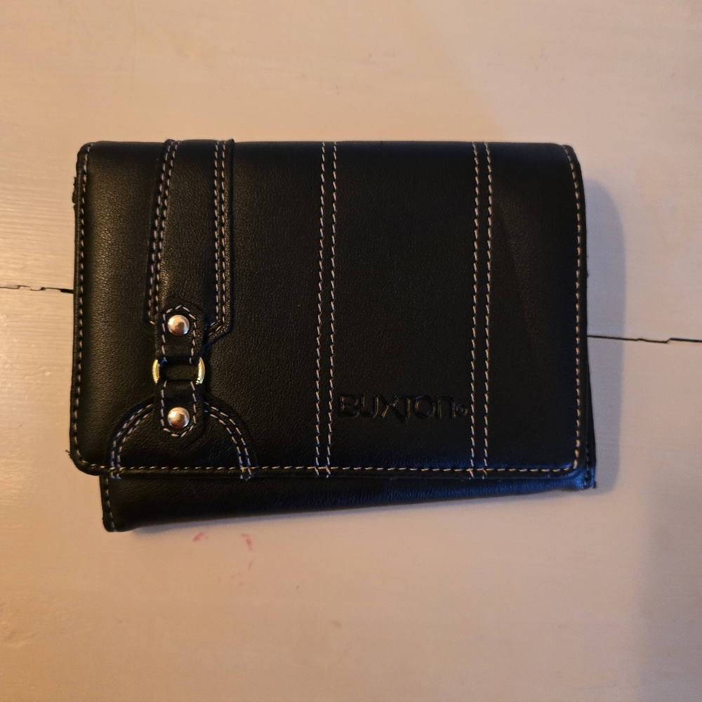 Buxton bifold women's wallet, black faux leather, snap